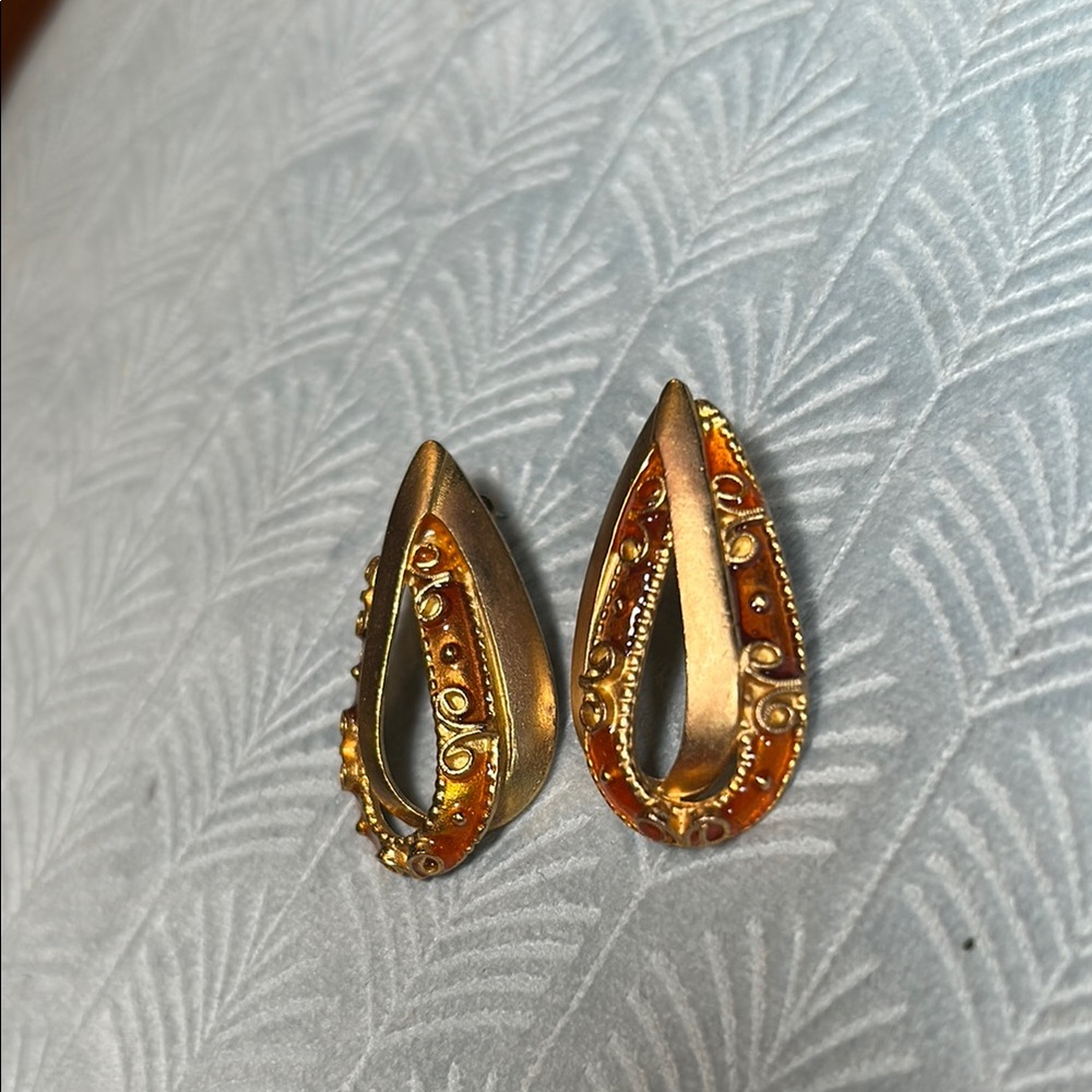 Gold And Orange Teardrop Earrings